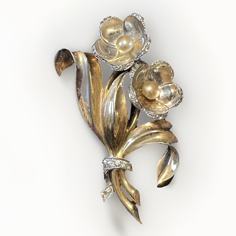 Early Marcel Boucher Floral Pin Rhinestone & Pearls 3"